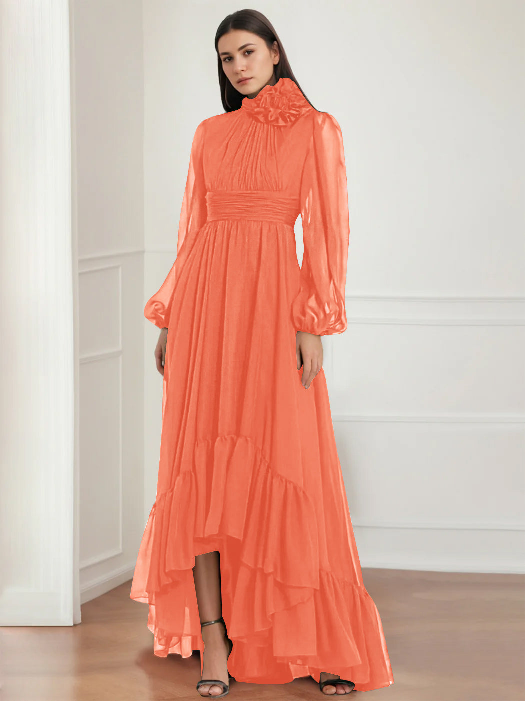 Asymmetrical A Line Jewel Neck Gown with Long Sleeves Ruffles & Floral Details