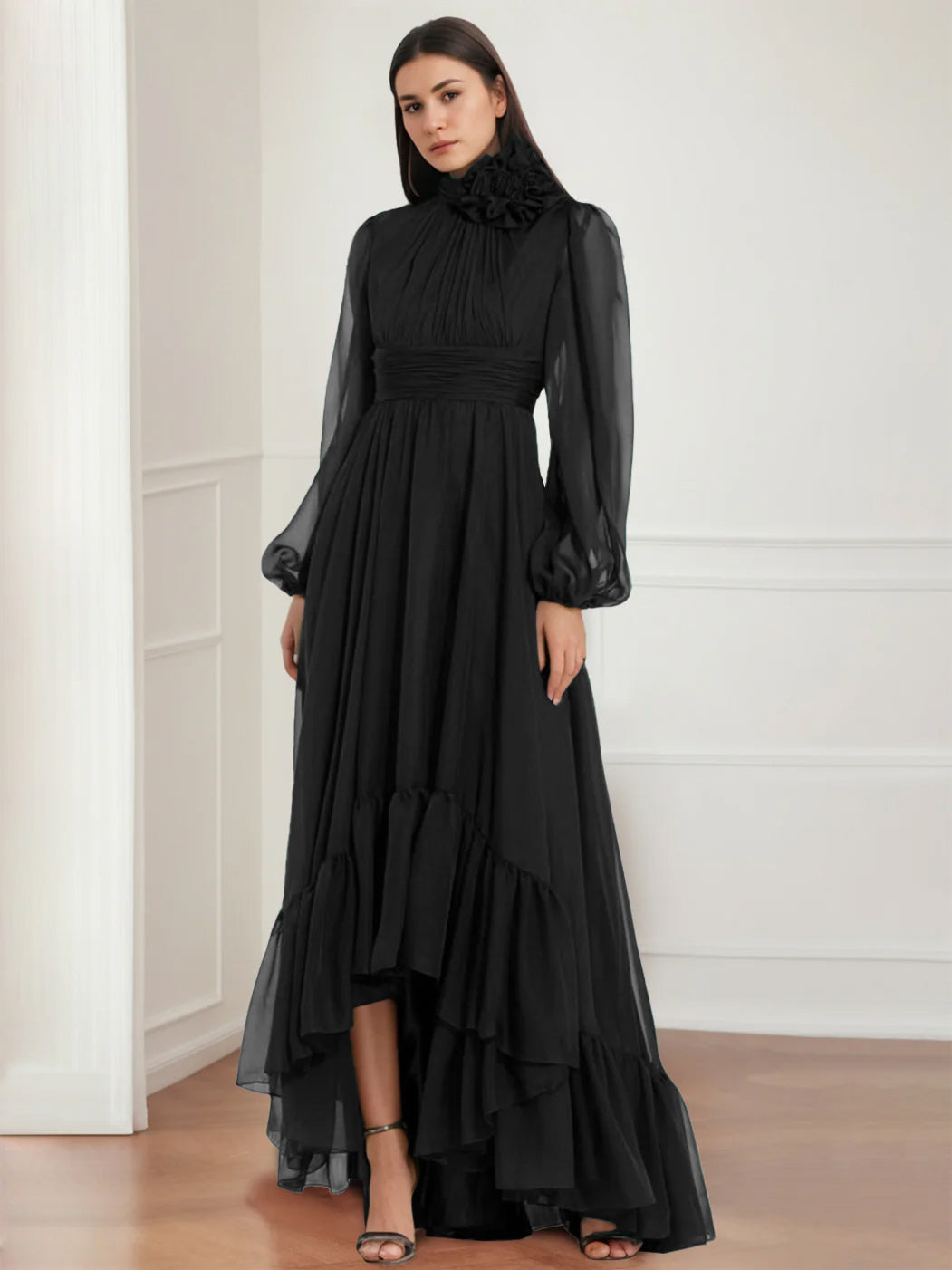 Asymmetrical A Line Jewel Neck Gown with Long Sleeves Ruffles & Floral Details