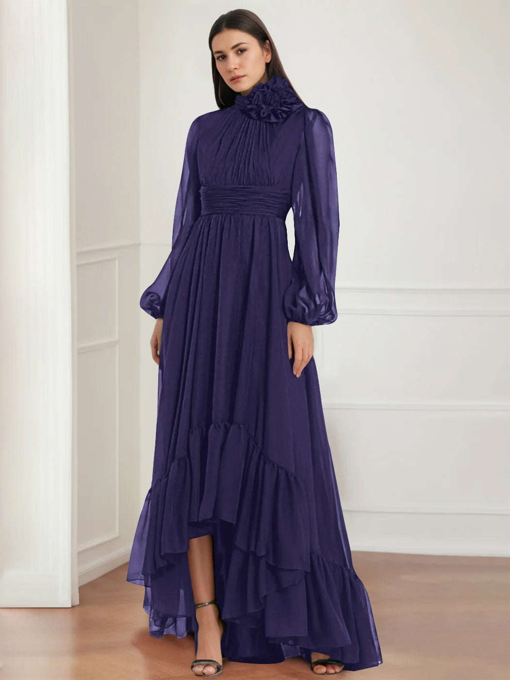 Asymmetrical A Line Jewel Neck Gown with Long Sleeves Ruffles & Floral Details