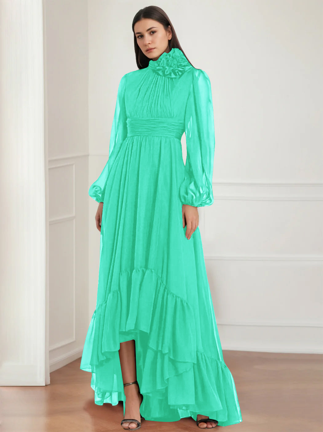Asymmetrical A Line Jewel Neck Gown with Long Sleeves Ruffles & Floral Details