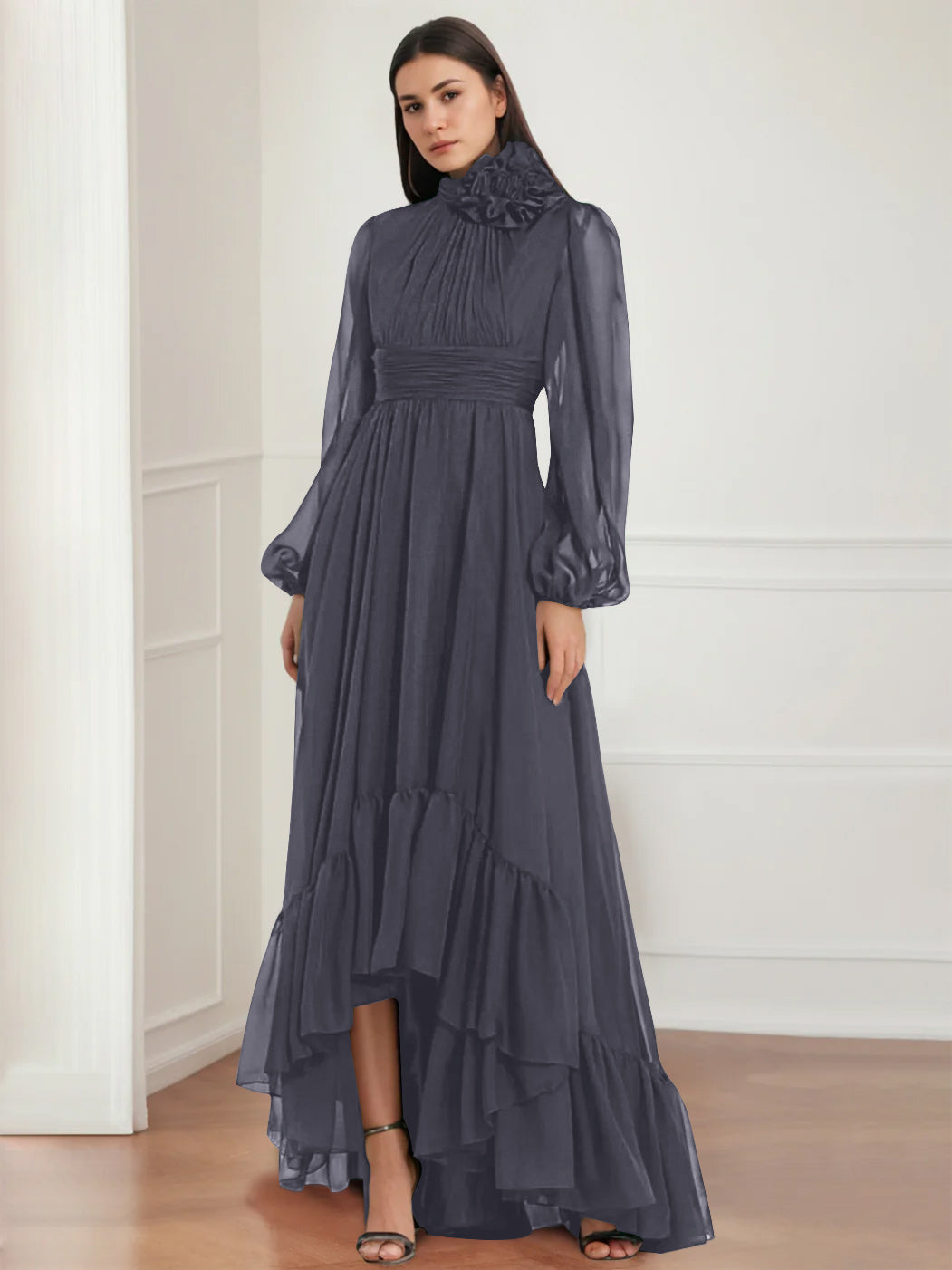Asymmetrical A Line Jewel Neck Gown with Long Sleeves Ruffles & Floral Details