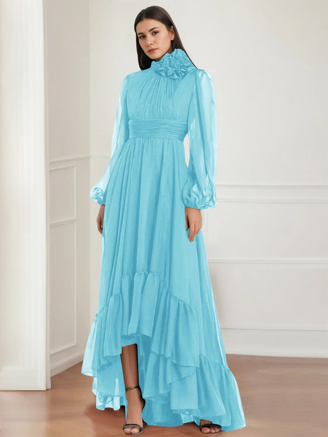 Asymmetrical A Line Jewel Neck Gown with Long Sleeves Ruffles & Floral Details