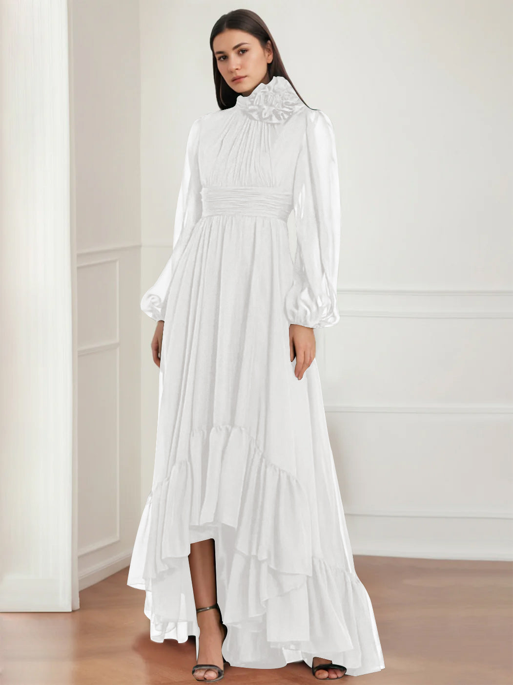 Asymmetrical A Line Jewel Neck Gown with Long Sleeves Ruffles & Floral Details