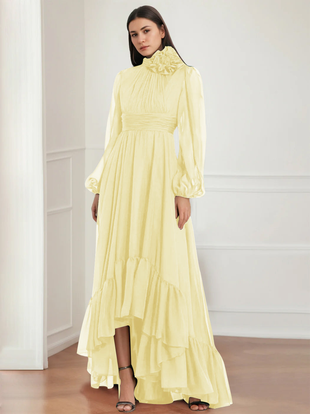 Asymmetrical A Line Jewel Neck Gown with Long Sleeves Ruffles & Floral Details