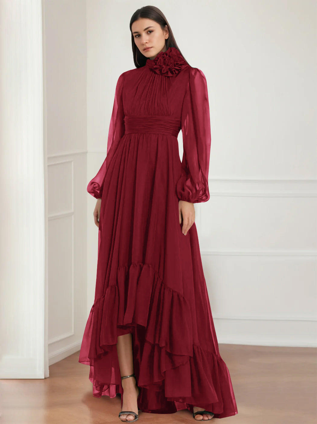 Asymmetrical A Line Jewel Neck Gown with Long Sleeves Ruffles & Floral Details