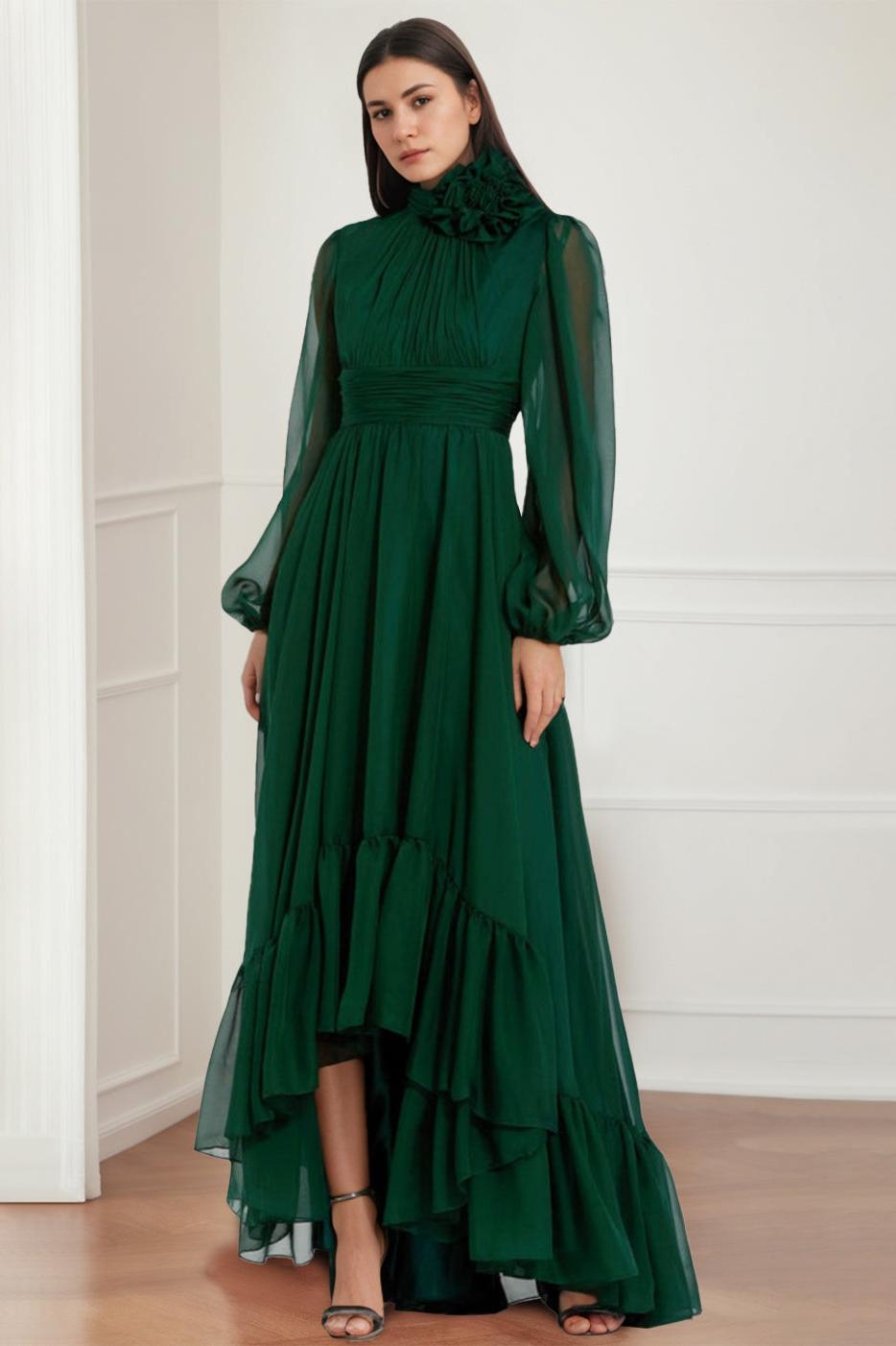 Asymmetrical A Line Jewel Neck Gown with Long Sleeves Ruffles & Floral Details