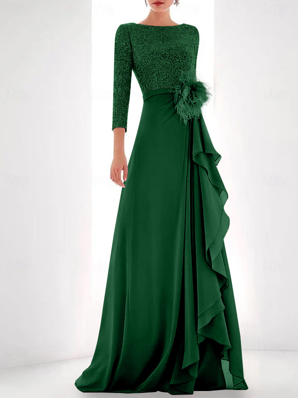 Asymmetrical A Line Jewel Neck Gown with Long Sleeves Sequin Feather and Pearl Details