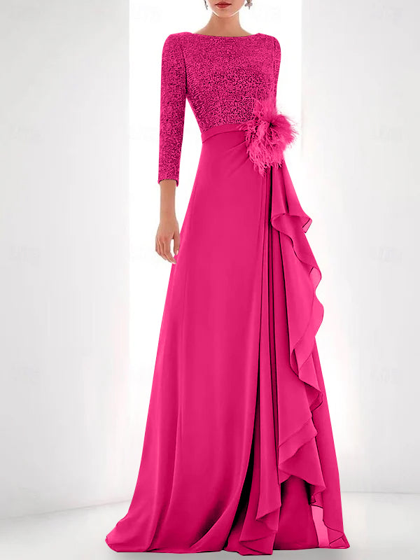Asymmetrical A Line Jewel Neck Gown with Long Sleeves Sequin Feather and Pearl Details