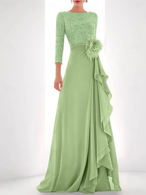 Asymmetrical A Line Jewel Neck Gown with Long Sleeves Sequin Feather and Pearl Details