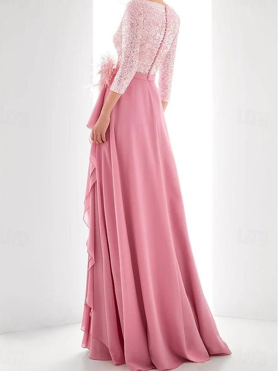 Asymmetrical A Line Jewel Neck Gown with Long Sleeves Sequin Feather and Pearl Details