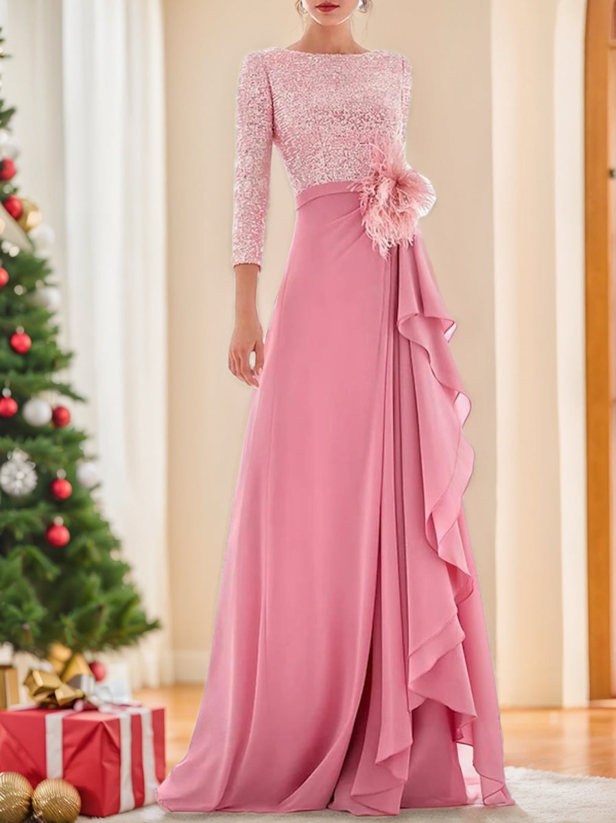 Asymmetrical A Line Jewel Neck Gown with Long Sleeves Sequin Feather and Pearl Details