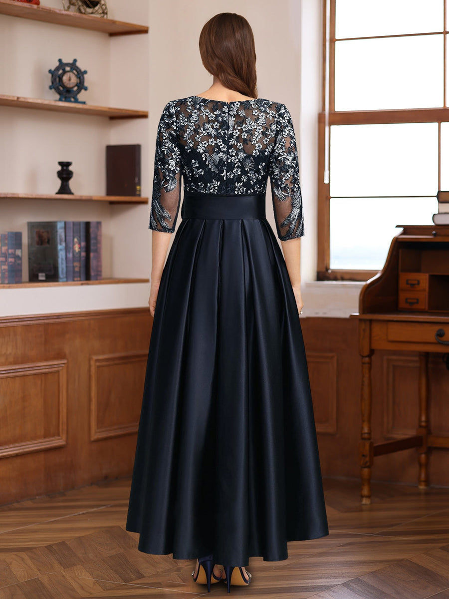 Asymmetrical Lace A Line Dress with 3/4 Sleeves Appliques & Bow Belt for Mother of the Bride or Groom
