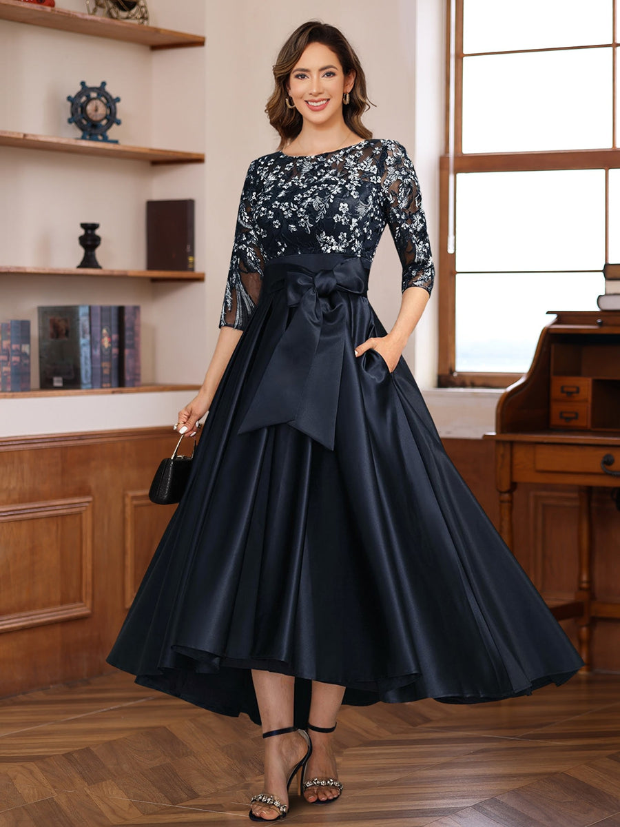 Asymmetrical Lace A Line Dress with 3/4 Sleeves Appliques & Bow Belt for Mother of the Bride or Groom