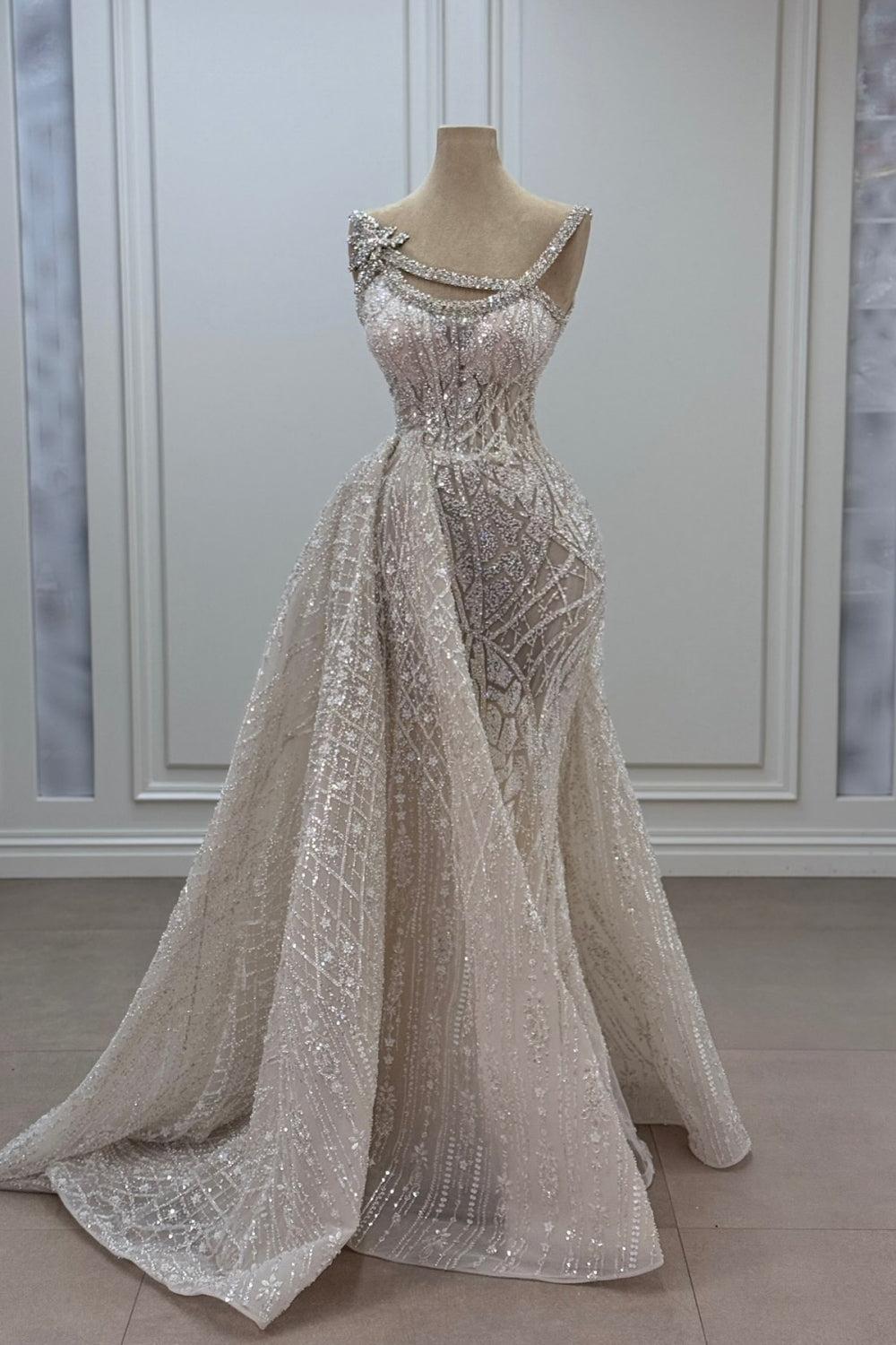 Asymmetrical Mermaid Strapless Sleeveless Beaded Panel Train Tulle Formal Dress