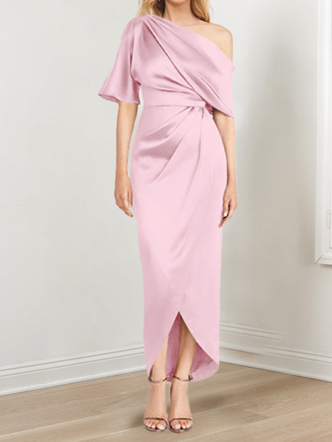 Asymmetrical One Shoulder Short Sleeve Sheath Dress with Ruffles for the Mother of the Bride