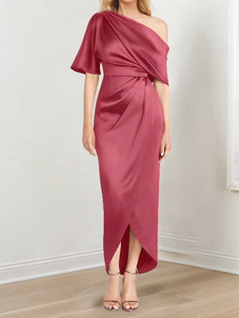 Asymmetrical One Shoulder Short Sleeve Sheath Dress with Ruffles for the Mother of the Bride