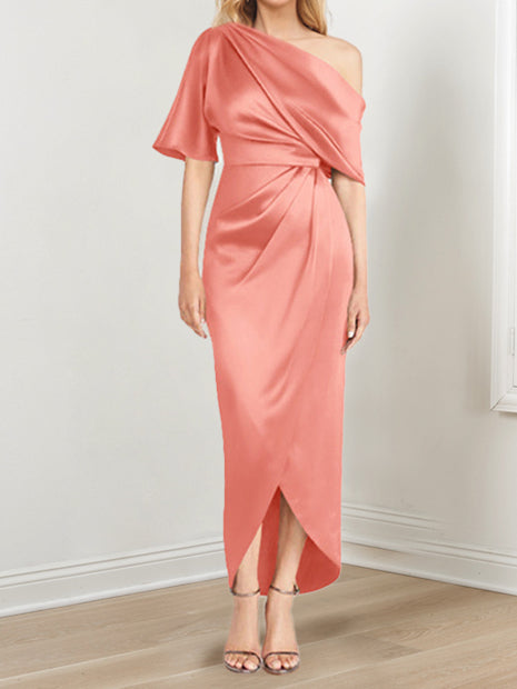 Asymmetrical One Shoulder Short Sleeve Sheath Dress with Ruffles for the Mother of the Bride