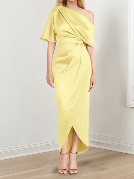 Asymmetrical One Shoulder Short Sleeve Sheath Dress with Ruffles for the Mother of the Bride