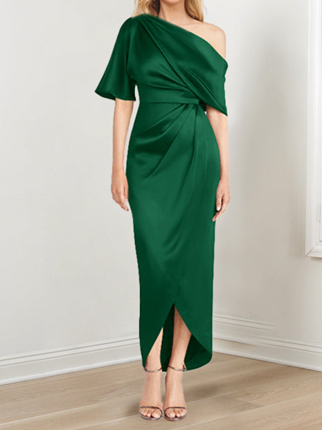 Asymmetrical One Shoulder Short Sleeve Sheath Dress with Ruffles for the Mother of the Bride