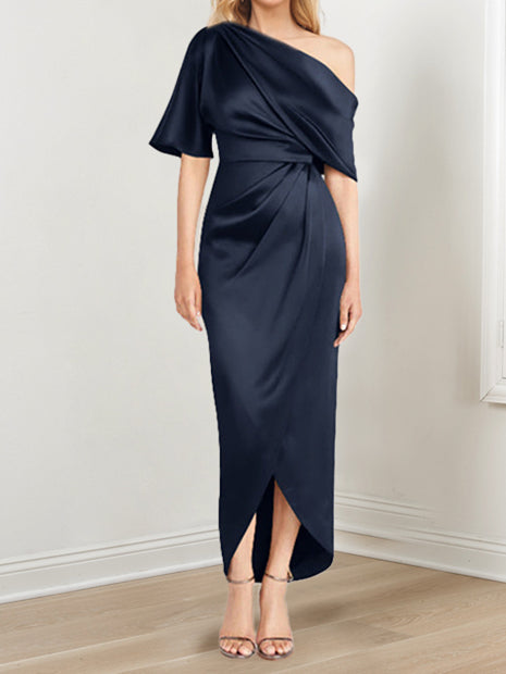 Asymmetrical One Shoulder Short Sleeve Sheath Dress with Ruffles for the Mother of the Bride