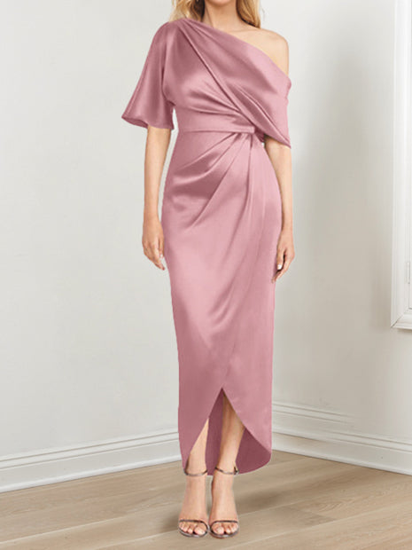 Asymmetrical One Shoulder Short Sleeve Sheath Dress with Ruffles for the Mother of the Bride