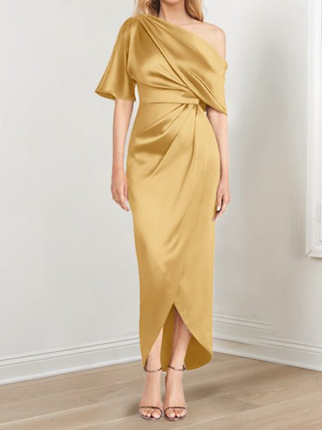 Asymmetrical One Shoulder Short Sleeve Sheath Dress with Ruffles for the Mother of the Bride