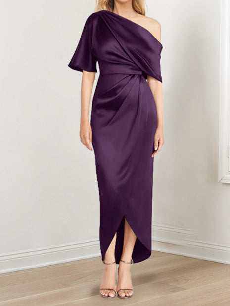 Asymmetrical One Shoulder Short Sleeve Sheath Dress with Ruffles for the Mother of the Bride