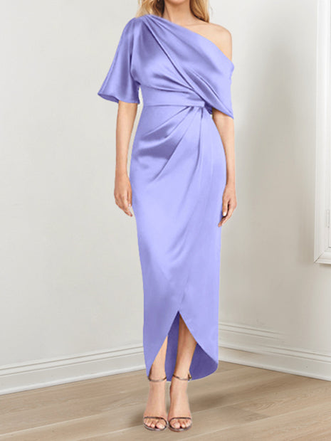 Asymmetrical One Shoulder Short Sleeve Sheath Dress with Ruffles for the Mother of the Bride