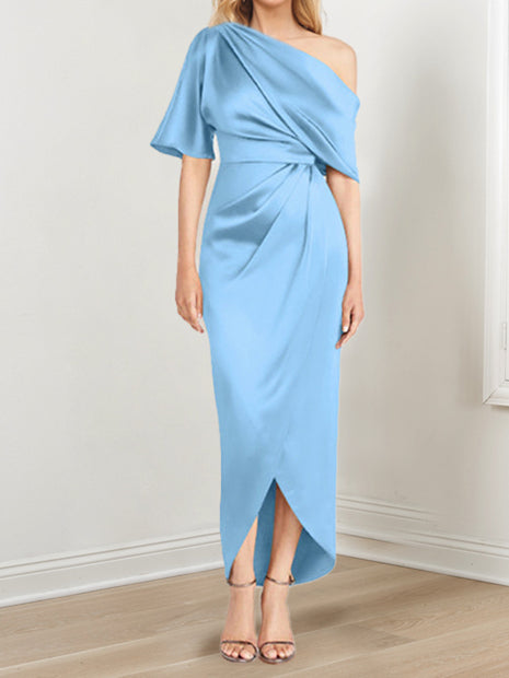 Asymmetrical One Shoulder Short Sleeve Sheath Dress with Ruffles for the Mother of the Bride