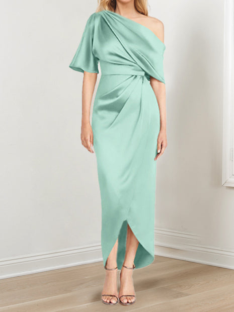Asymmetrical One Shoulder Short Sleeve Sheath Dress with Ruffles for the Mother of the Bride