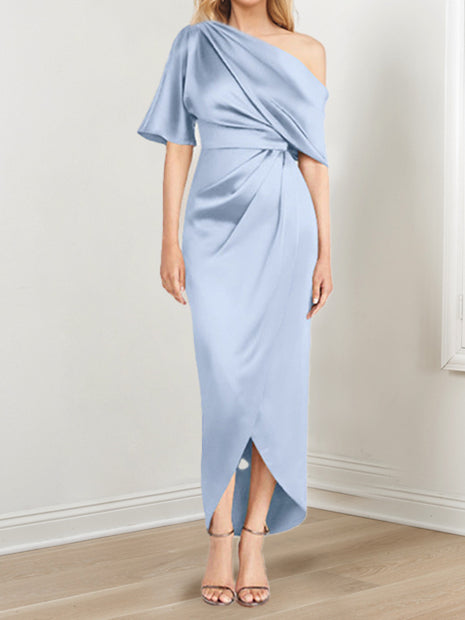 Asymmetrical One Shoulder Short Sleeve Sheath Dress with Ruffles for the Mother of the Bride
