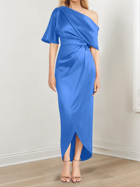Asymmetrical One Shoulder Short Sleeve Sheath Dress with Ruffles for the Mother of the Bride
