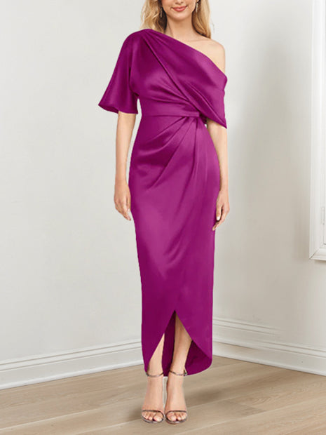 Asymmetrical One Shoulder Short Sleeve Sheath Dress with Ruffles for the Mother of the Bride