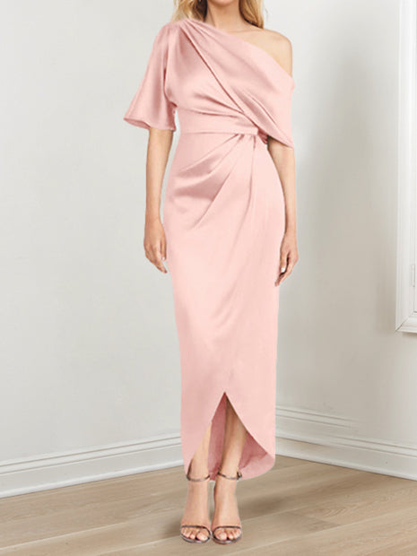 Asymmetrical One Shoulder Short Sleeve Sheath Dress with Ruffles for the Mother of the Bride