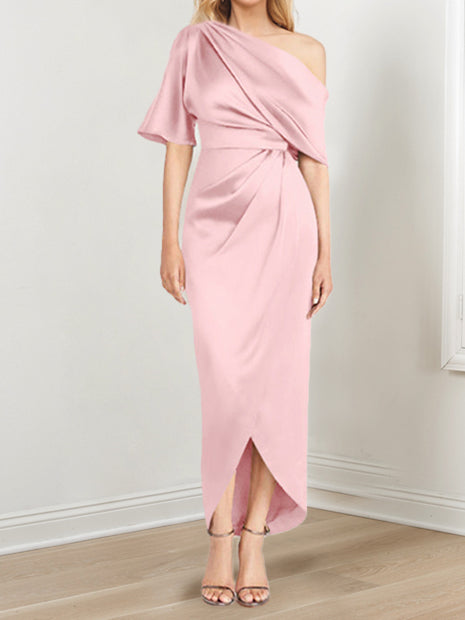 Asymmetrical One Shoulder Short Sleeve Sheath Dress with Ruffles for the Mother of the Bride