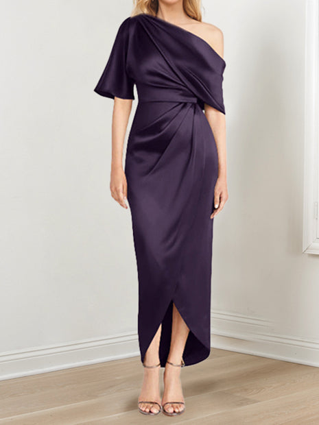 Asymmetrical One Shoulder Short Sleeve Sheath Dress with Ruffles for the Mother of the Bride