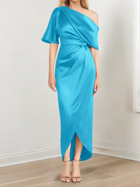 Asymmetrical One Shoulder Short Sleeve Sheath Dress with Ruffles for the Mother of the Bride
