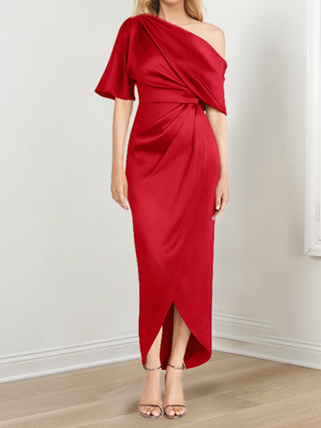 Asymmetrical One Shoulder Short Sleeve Sheath Dress with Ruffles for the Mother of the Bride