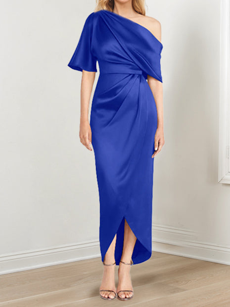 Asymmetrical One Shoulder Short Sleeve Sheath Dress with Ruffles for the Mother of the Bride