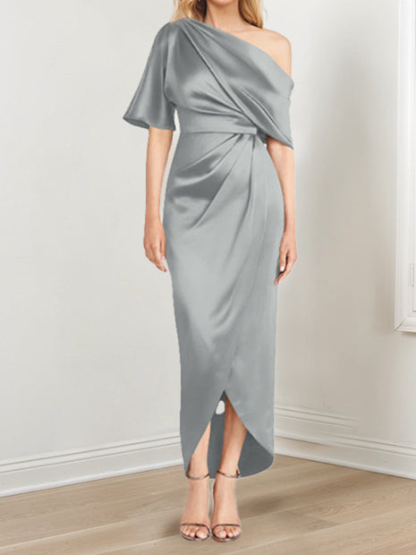 Asymmetrical One Shoulder Short Sleeve Sheath Dress with Ruffles for the Mother of the Bride