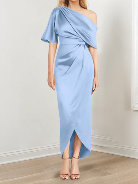 Asymmetrical One Shoulder Short Sleeve Sheath Dress with Ruffles for the Mother of the Bride