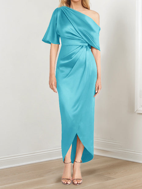 Asymmetrical One Shoulder Short Sleeve Sheath Dress with Ruffles for the Mother of the Bride