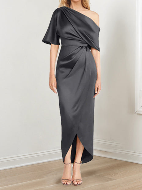 Asymmetrical One Shoulder Short Sleeve Sheath Dress with Ruffles for the Mother of the Bride