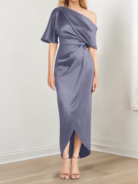 Asymmetrical One Shoulder Short Sleeve Sheath Dress with Ruffles for the Mother of the Bride