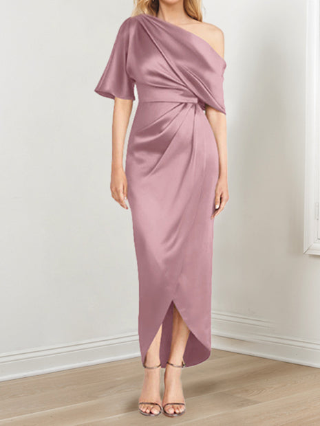 Asymmetrical One Shoulder Short Sleeve Sheath Dress with Ruffles for the Mother of the Bride