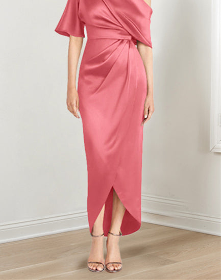 Asymmetrical One Shoulder Short Sleeve Sheath Dress with Ruffles for the Mother of the Bride
