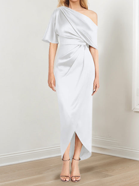 Asymmetrical One Shoulder Short Sleeve Sheath Dress with Ruffles for the Mother of the Bride
