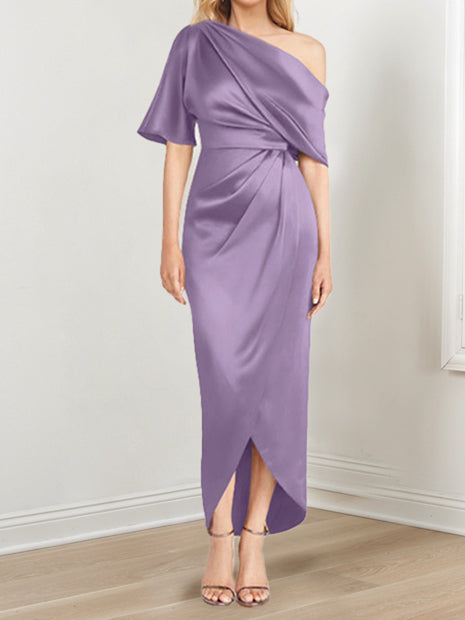 Asymmetrical One Shoulder Short Sleeve Sheath Dress with Ruffles for the Mother of the Bride