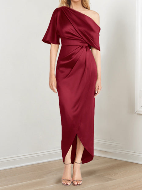 Asymmetrical One Shoulder Short Sleeve Sheath Dress with Ruffles for the Mother of the Bride