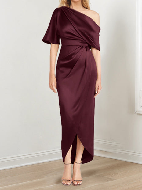 Asymmetrical One Shoulder Short Sleeve Sheath Dress with Ruffles for the Mother of the Bride